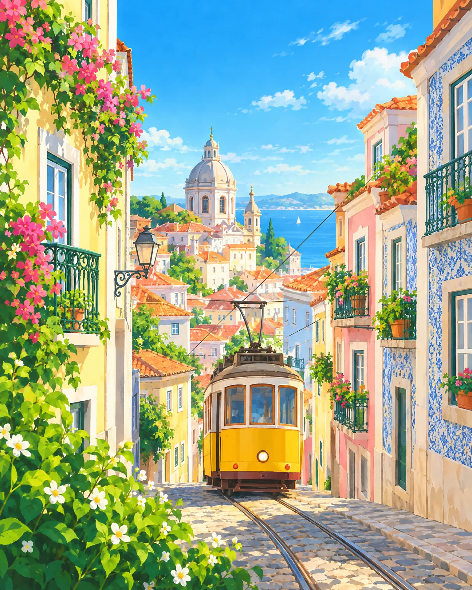 Illustration of a steep Lisbon street with a classic yellow tram and tiled facades