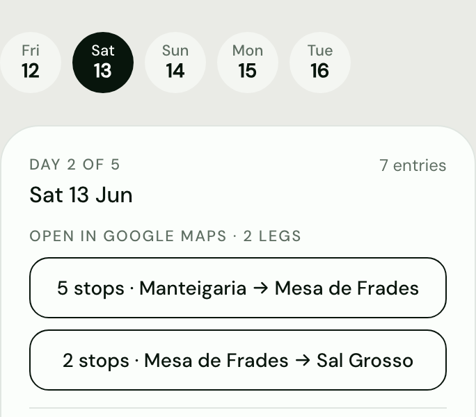 WeRoam itinerary, day 2 of 5, Sat 13 Jun, with two legs to open in Google Maps.